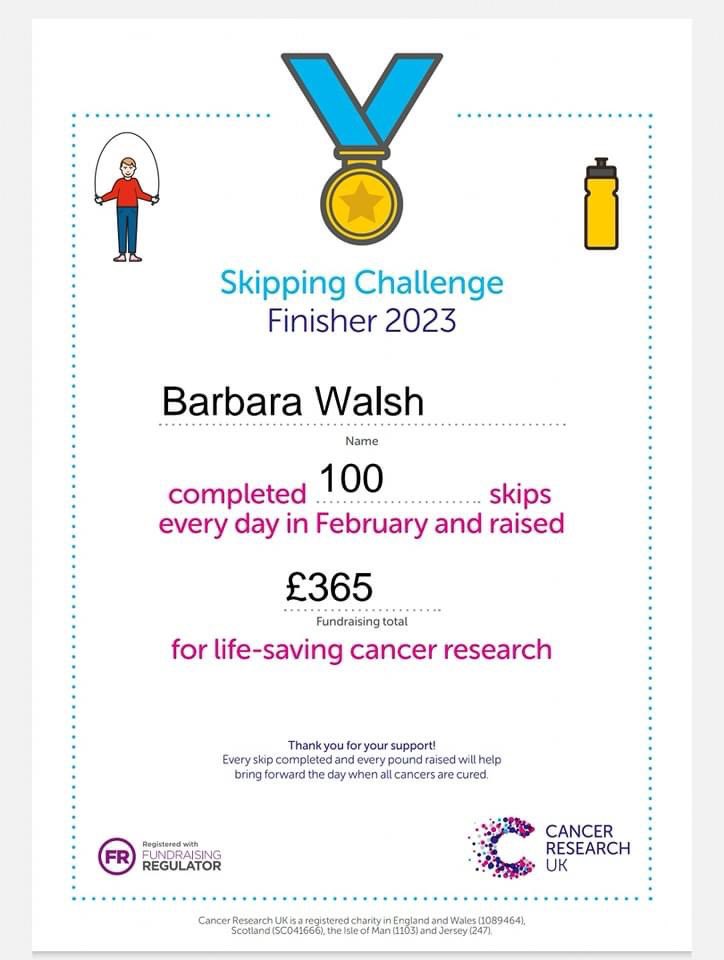 babs8505's tweet photo. I did it, I completed my challenge to skip every day throughout February for Cancer Research 💖 https://t.co/MDuhtqo3PJ
