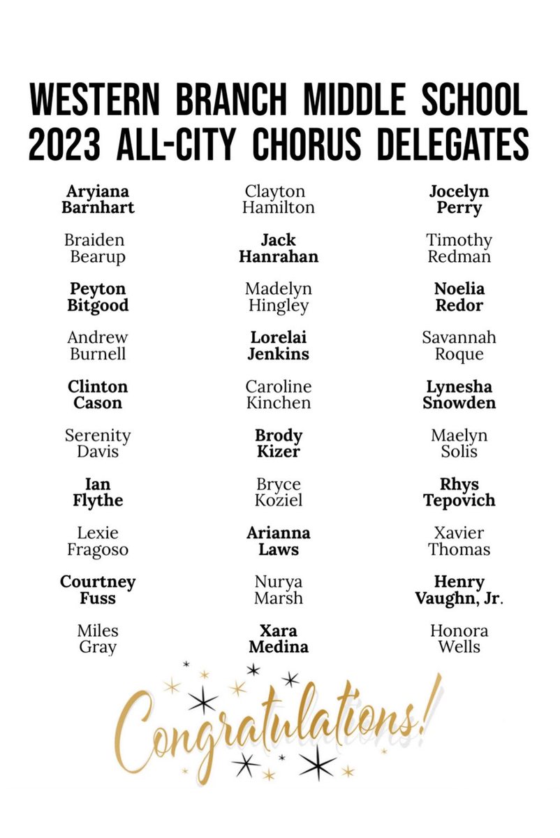 wbmbruins's tweet photo. Congratulations to the 2023 Western Branch Middle School All-City Chorus Delegates!! #CooksKids https://t.co/DvQH8zZDRQ