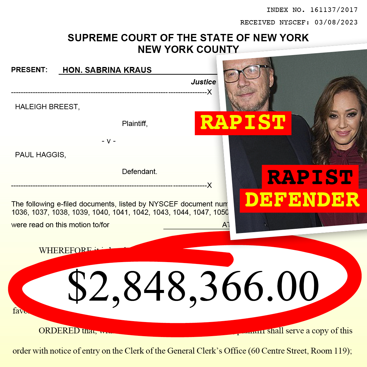 Yesterday Paul Haggis was hit with a new $2.8 million judgment, bringing the total to $12.8 million for raping a young woman. <a href="/LeahRemini/">Leah Remini</a> celebrated #WomensDay by defending Haggis and dropping a 20-part unhinged tweet to deflect attention from her continued support of the rapist.
