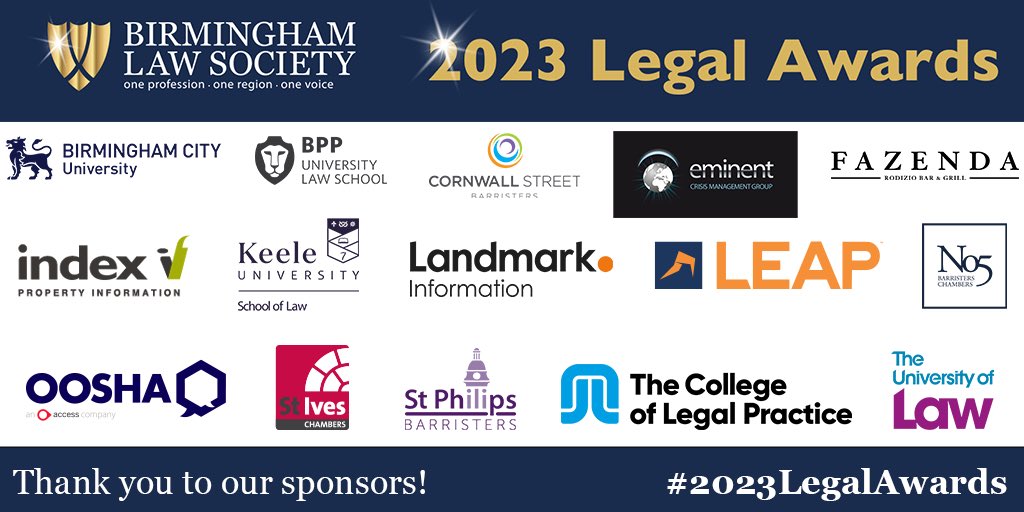 BhamLawSociety's tweet photo. Thank you once again to all of our sponsors, those who submitted nominations for the awards, our judges and all of our suppliers for making tonight happen! See you again next year 👏 #2023LegalAwards https://t.co/xdsU4cK78F
