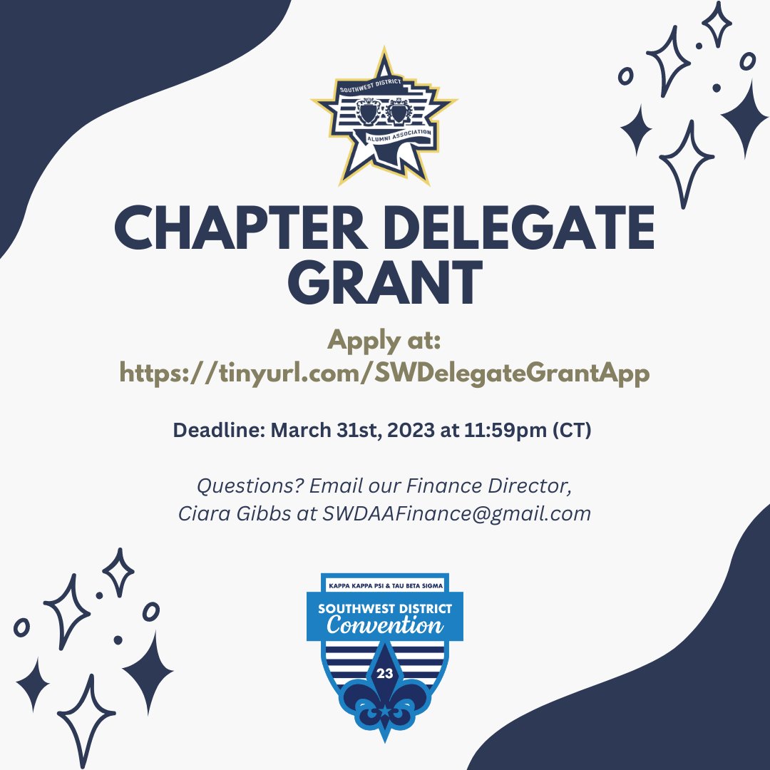 SWDAlumni's tweet photo. We are now taking applications for the 2023 Chapter Delegate Grant! This grant helps chapters get their delegate registration paid for the 2023 Southwest District Convention. The deadline is March 31st, 2023 at 11:59pm (CT).
.
To apply please visit, https://t.co/0X1dBFr7Op https://t.co/x6vpS6vRen