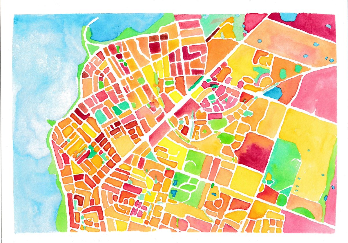 These are still some of my favourite maps! The loose hand painted maps of towns, done with cheap watercolours on cheap paper. Learning how paint and paper work together (or not) &amp; enjoying the vibrancy of colours⁠
 not so useful for navigation, but really inviting and warm!