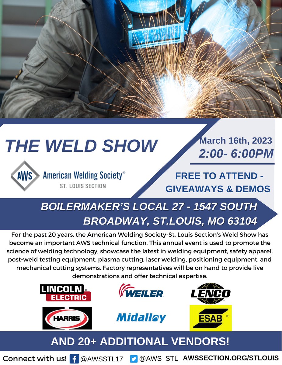 OzArcGas's tweet photo. Join @OzarcGas at the @AWS_STL Weld Show on March 16 from 2 - 6 PM. https://t.co/TI0wQeJHFW