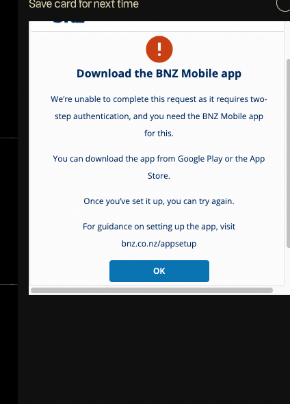 prendofficial's tweet photo. @BNZ please fix the credit card checkout flow for business credit cards. Your BNZ for business app does not support the approval flow and it causes serious friction. cc @WindcavePayment @HELLpizza666 https://t.co/wPxIqzudCB