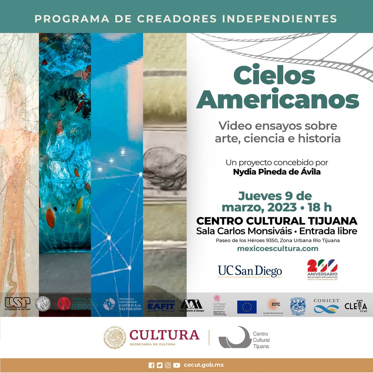 cecut_mx's tweet photo. #Hoy en el #ProgramaDeCreadoresIndependientes la proyección 📽 de:
"Cielos Americanos"
«Video ensayos sobre arte, ciencia e historia»
🔹️Proyecto concebido por Nydia Pineda de Ávila.
9 de marzo ⏰18 h
Sala Carlos Monsiváis
#CinetecaTijuana
#EntradaGratuita
#200AñosMXUS 🇲🇽🤝🇺🇸 https://t.co/nslTc48eD3