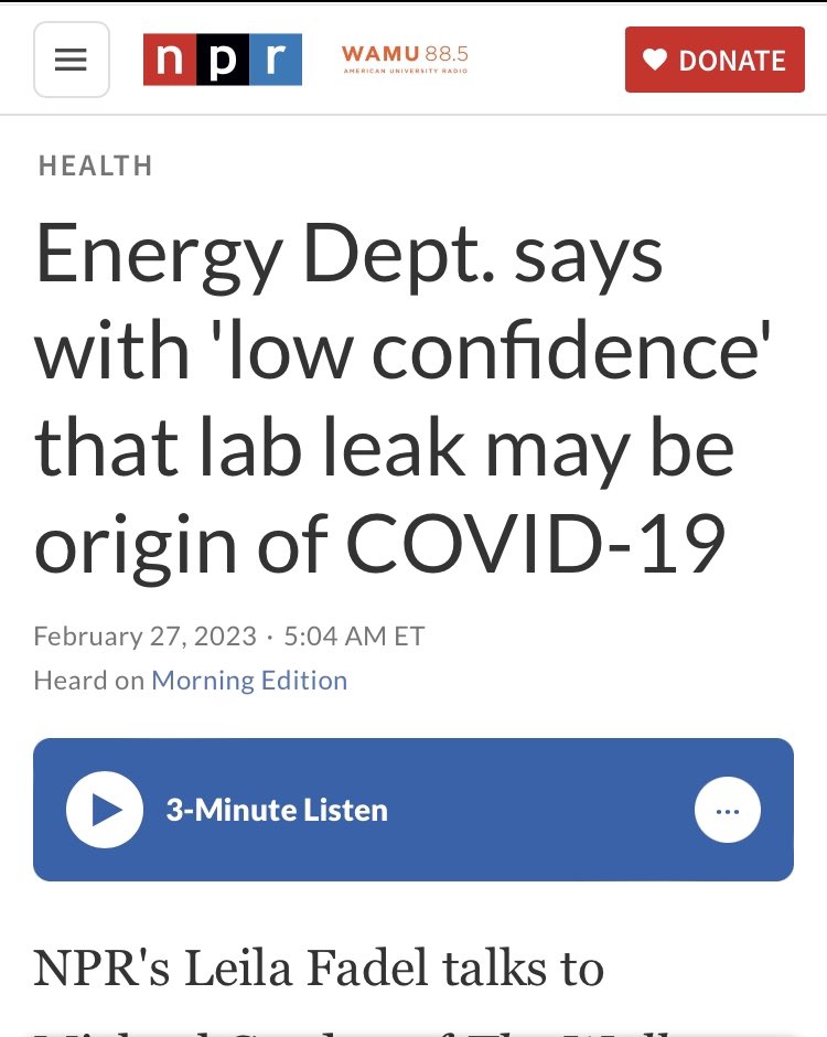 For my money, they worst offender here is @NPR. While they now begrudgingly admit that the Energy Department believes the lab leak hypothesis is likely accurate, they ran an April 2020 piece titled “Scientists Debunk Lab Accident Theory of Pandemic Emergence”