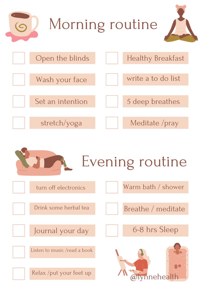 LynneHealth's tweet image. Do you have a daily routine?? everyone's routine is different, what works best for you, make it a habit. A routine helps you function &amp;amp; sleep better, feel more refreshed in the morning, reduce stress and anxiety in your life. Use the blank graphic for your routine 👇#livetothrive