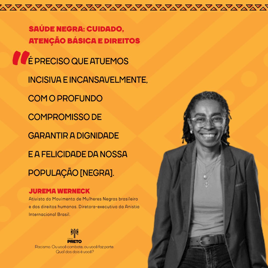 canal_preto's tweet image. SAÚDE NEGRA: CUIDADO, ATENÇÃO BÁSICA E DIREITOS

Vídeo completo: youtu.be/qPWBw7lUZNM

Racismo. Ou você combate, ou você faz parte. Qual dos dois é você?
#SaúdeNegra #Diretos #CanalPreto