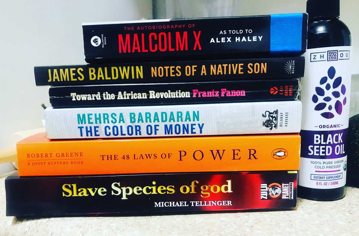 AlphaRuwan's tweet photo. #bookchallenge #currentlyreading
.
.
.
.
.
#malcolmx #alexhaley
#notesofanativeson #jamesbaldwin
#towardtheafricanrevolution #frantzfanon
#thecolorofmoney #mehrsabaradaran
#48lawsofpower #robertgreene
#slavespeciesofgods #michaeltellinger
#blackseedoil https://t.co/TmSsQJzSbl