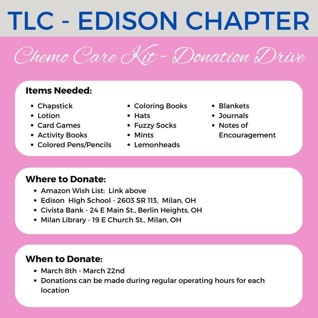 EdisonTLC's tweet image. Check out the Amazon Wish List our Leader in Charge (LinC) created to help fill our Chemo Care Kits. All donations will be used to provide comfort and care to patients undergoing cancer treatments. ⚡️💙💪🌎

amazon.com/hz/wishlist/ls…