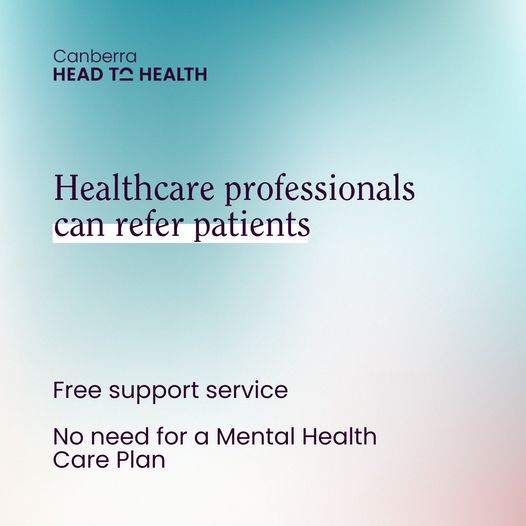 CapitalHealthNw's tweet photo. Are you a healthcare professional seeking mental health support for your patients? #HeadtoHealth can help.
#HeadtoHealth is excited to advise they now have a psychiatrist on board to support those in the Canberra community.
For more information: https://t.co/MgEQ8FurxW https://t.co/SFVvXn3rn0