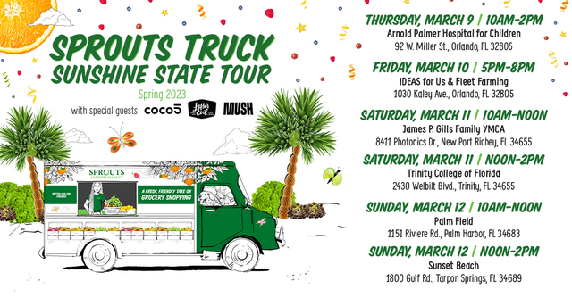 The @sproutsfm Truck is rollin' into Orlando, New Port Richey, Trinity, Palm Harbor & Tarpon Springs this week! Come out and get a taste of what Sprouts is all about with delicious samples, local #Florida produce, Sprouts freebies and more! Use #SproutsOnTour to follow along!