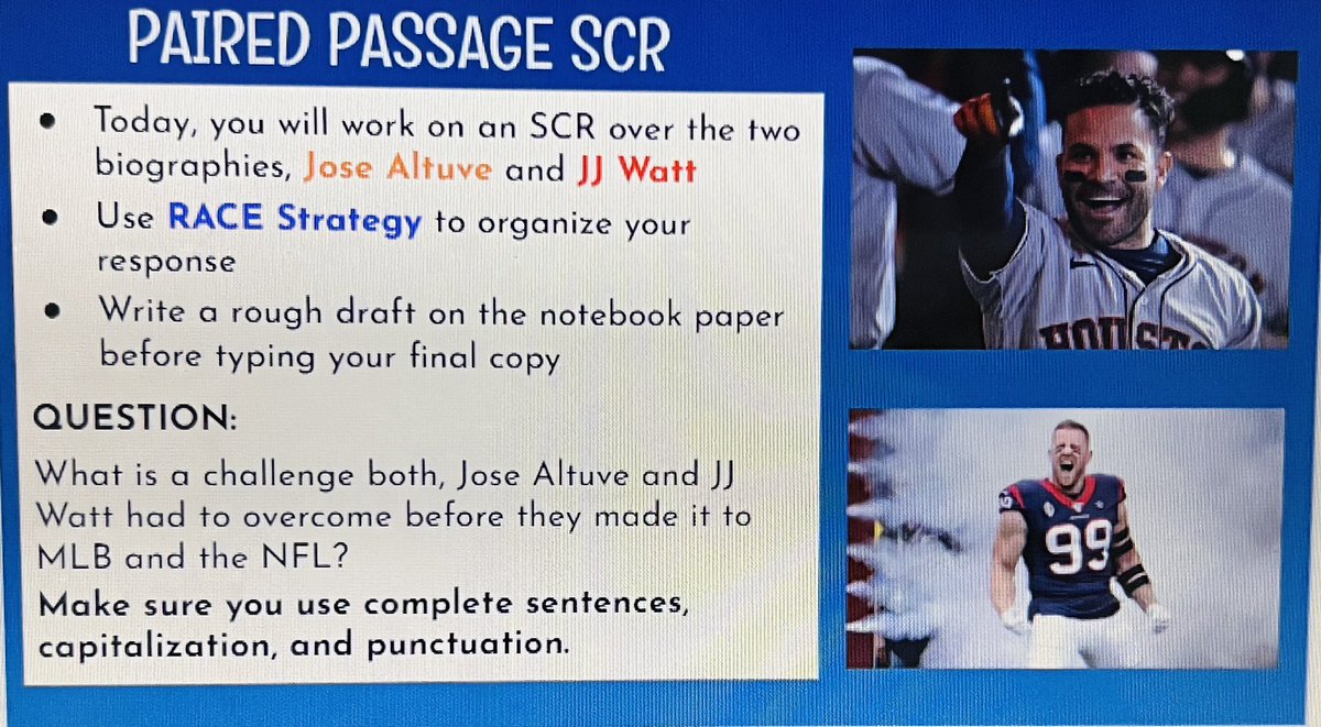 Today we drafted and published short constructed responses over biographies we’ve read in class this week. The kids loved reading about two athletes that play and have played in Houston. 🇨🇱 ⚾️ 🏈 #ACECubs