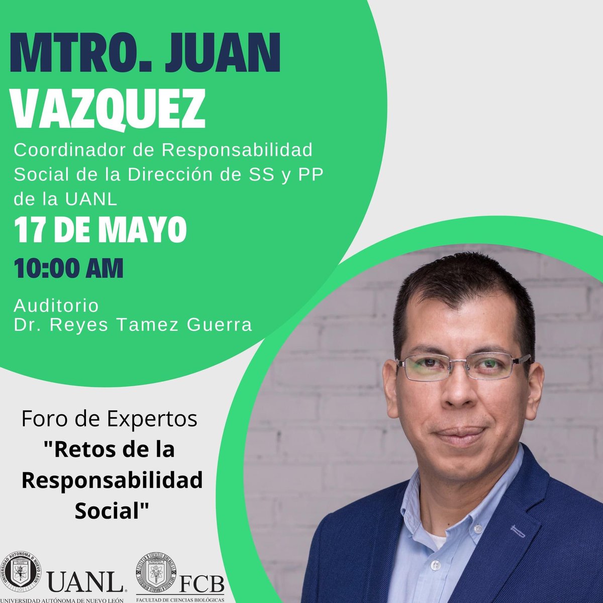 Te presentamos al segundo Ponente en el Foro de Expertos "Retos de la Responsabilidad Social" que se llevará acabo el día 17 de marzo del 2023 a las 10:00 am en el Auditorio Dr. Reyes Tamez Guerra.

¡No te lo pierdas!

<a href="/SSyPPUANL/">DSSyPP UANL</a> <a href="/biologiauanl/">FCB UANL</a>