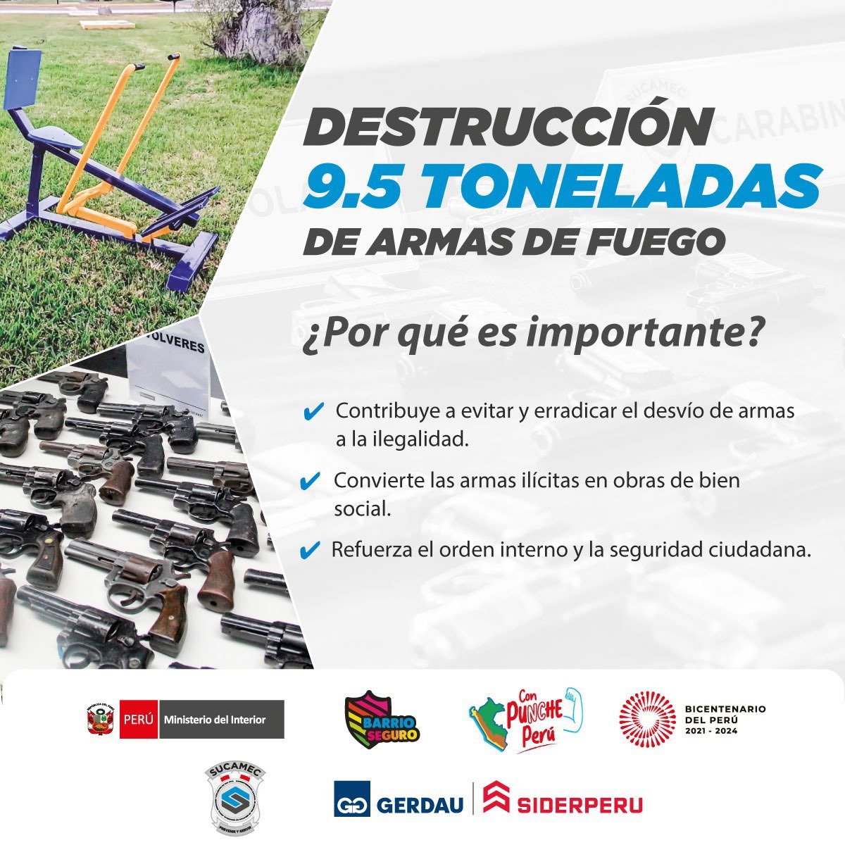 SucamecPeru's tweet photo. 👉Conoce la importancia de la destrucción de #ArmasDeFuego que realizó @SucamecPeru en una alianza estratégica con #SIDERPERU.
✅Continuamos trabajando para contribuir al orden interno y #PorUnPaísSeguro.
#PrevenirYServir https://t.co/AbUkly0SgN