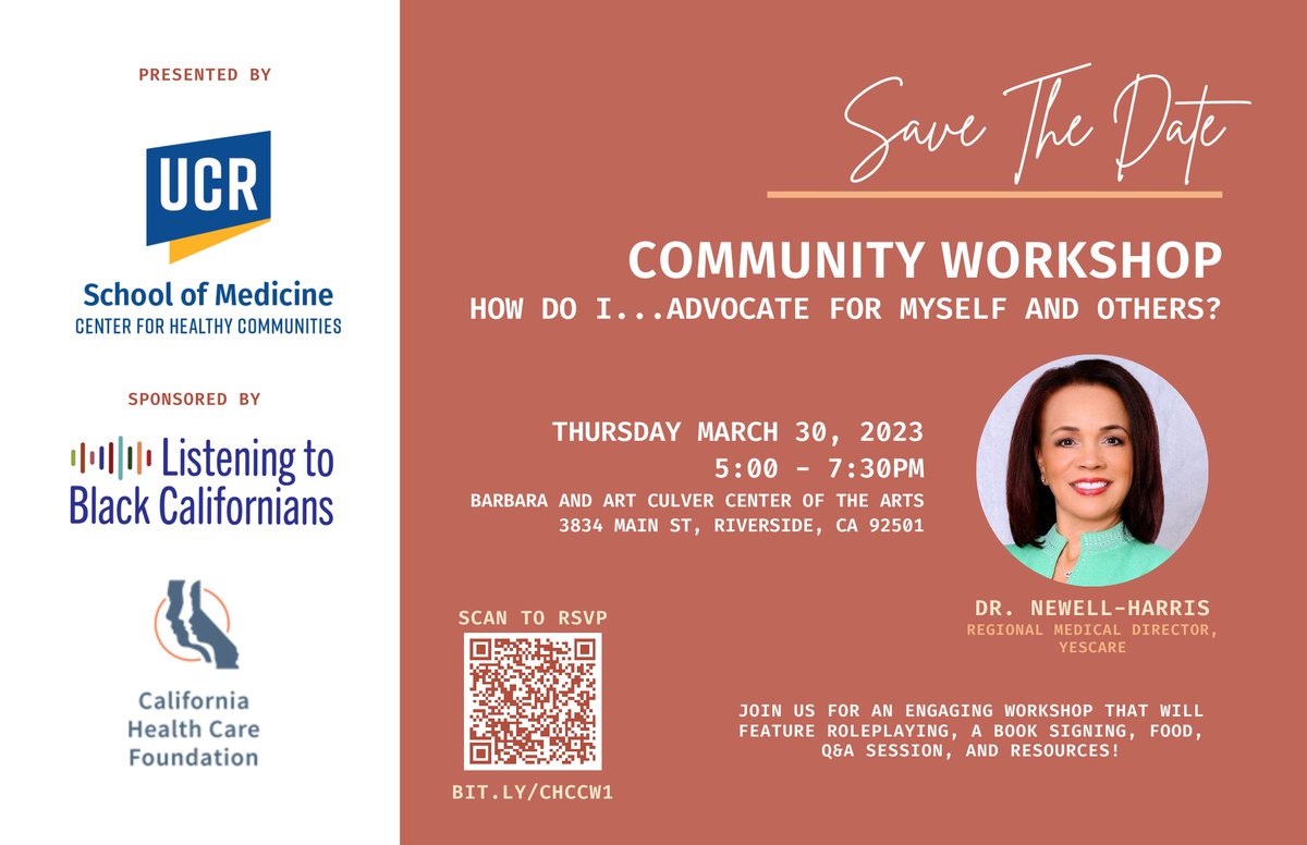 Join us in a FREE & OPEN to the public, engaging #workshop with Dr. Newell-Harris in learning how to #advocate for yourself and others on March 30, 2023🗓️from 5:00pm - 7:30pm PST⏰@ Barbara and Art Culver Center of the Arts (details in image). Bit.ly/CHCCW1 🔗