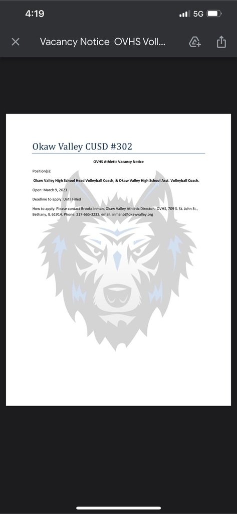 OkawValley's tweet photo. Okaw Valley High School is in search of High School Volleyball Coaches for next year. See the photo for more details. #YNotOV https://t.co/kVfRDoK9tf