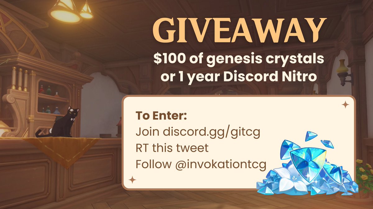 ✧ Genshin Giveaway ✧
1 lucky individual will be selected from the winners to receive $100 in Genesis Crystals or 1 year of Discord Nitro, others will receive 1 month Nitro Basic.

How to Enter:
⏤ Join discord.gg/gitcg
⏤ RT + Follow!

More info in reply
#genshingiveaway