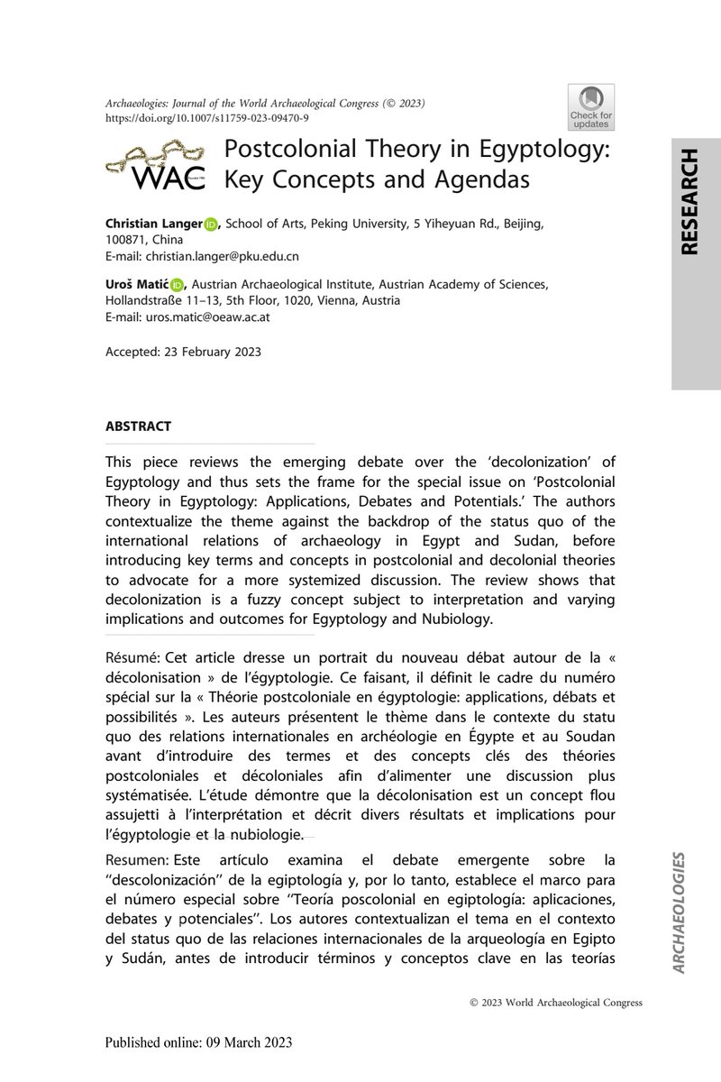 langer_chris's tweet photo. @uroshmatic and my special issue on #postcolonial theory in Egyptology with #Archaeologies of @SpringerNature is slowly getting released. First from the mint is our joint paper and introduction. #Egyptology #archaeology https://t.co/aTdDETFaY8 https://t.co/jiCwBcDyZI