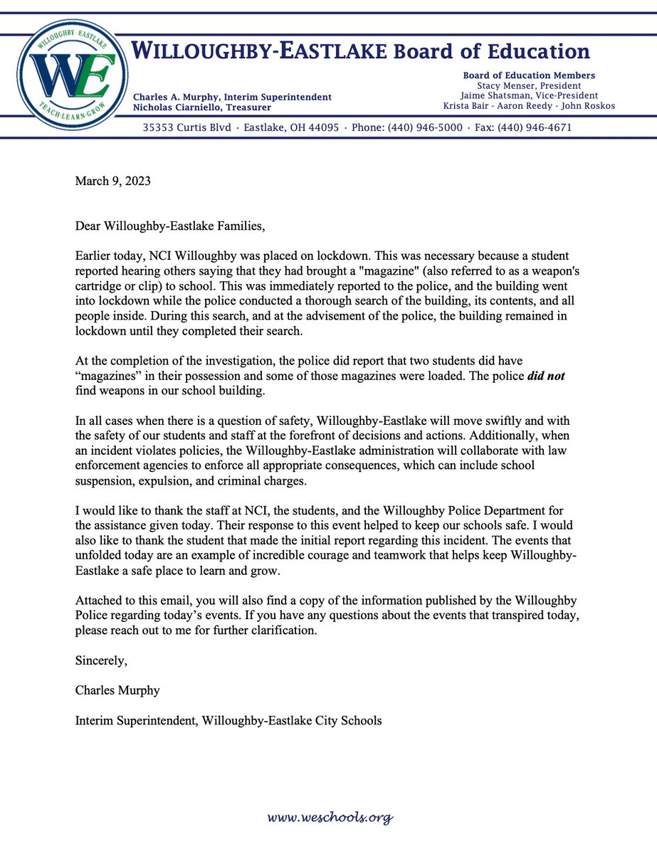Below you will find information that was sent out to Willoughby-Eastlake families earlier this evening. 
 
We would like to thank those that assisted today to ensure the safety of our students and staff.