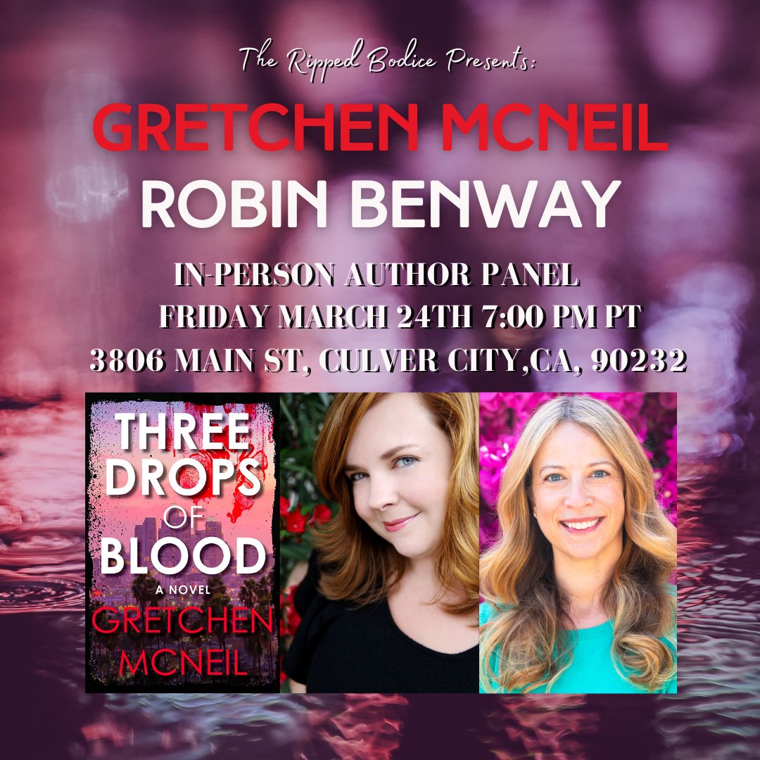 Los Angeles! Join @RobinBenway and me at @TheRippedBodice Friday, March 24, 7pm as we celebrate my newest release THREE DROPS OF BLOOD, my LA-based take on Hitchcock’s “Rear Window” with a plus-size actress heroine!Please RSVP, link below! therippedbodicela.com/events-and-tic…