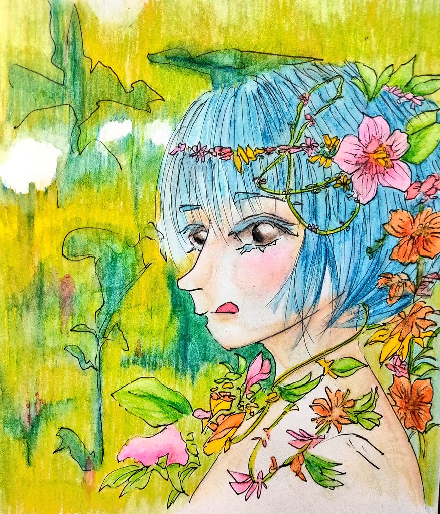 むぅしかオリジナルイラスト専用　手描きイラスト　オリジナル　花冠　水彩画　絵画　人物画