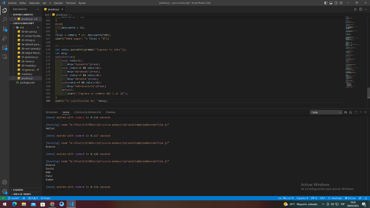 alonsoboxwolf's tweet image. Hoy estube haciendo clases de #ecmascript6 en #platzi y realizando algunos ejercicios de condicionales
#100DaysOfCode #100daysofcodechallenge 41/100