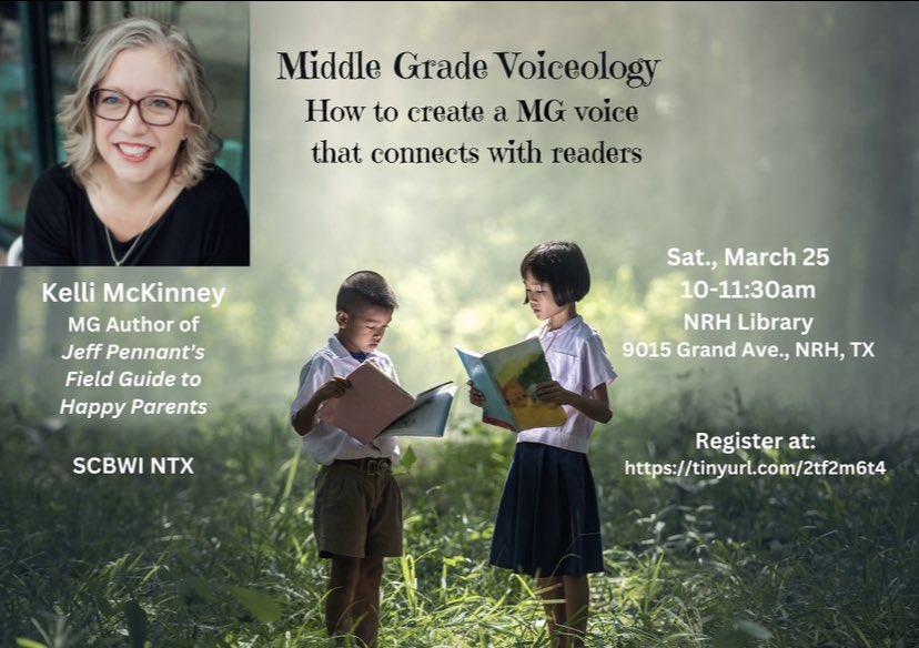 Event for children’s author in the DFW area. Come see Kelli MvKinney talk about MG.l voice on Saturday, March 25, North Richland Hills library 10:00-11:30 . #WritingCommmunity <a href="/SCBWINorthTexas/">SCBWI North Texas</a>
