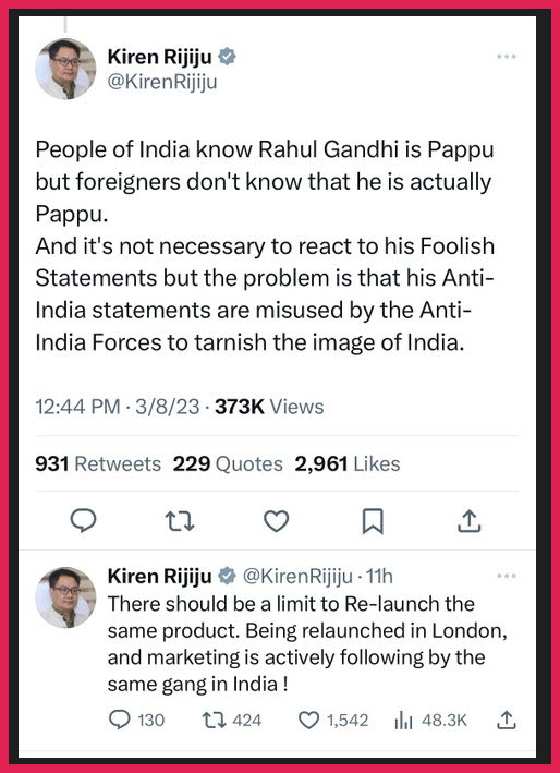 mr_india2024's tweet photo. #RulesofLaw
@RahulGandhi
@SupriyaShrinate
@IamMitesh86
@Pawankhera
@SupremeCourtIND
You are sadly mistaken Kiran Rjiju. Your tweet and this tweet are read the world over and not only in India. Yes, Blind Bhakts know only what is propagated by WhatsApp University.
BJP plays the Dynasty Politics (DP) when it comes to Rahul. DP happens in North Korea/ME where there are no elections.
Rahul Gandhi was elected and hence he is a leader in his own rights. I think he knows more about the Constitution than you as Law Minister - without any Bar Experience.
Appoint more Supreme Court Judges. True you will not get many judges who owe allegiance to BJP and not the constitution.
Why should not Supreme Court hear Bail Petitions? The lack of Judges is no answer!. Appoint more Judges instead of Building Big Palaces for MPs and a Plane for PM. The BJP is wasting public money!
What is the harm in the appointment of Saurabh Kirpal as a Judge? His father is an ex-CJ of India! Besides many holders of constitutional offices have spouses who are foreign nationals and so Mr. Kirpal's candidature cannot be rejected on that ground.