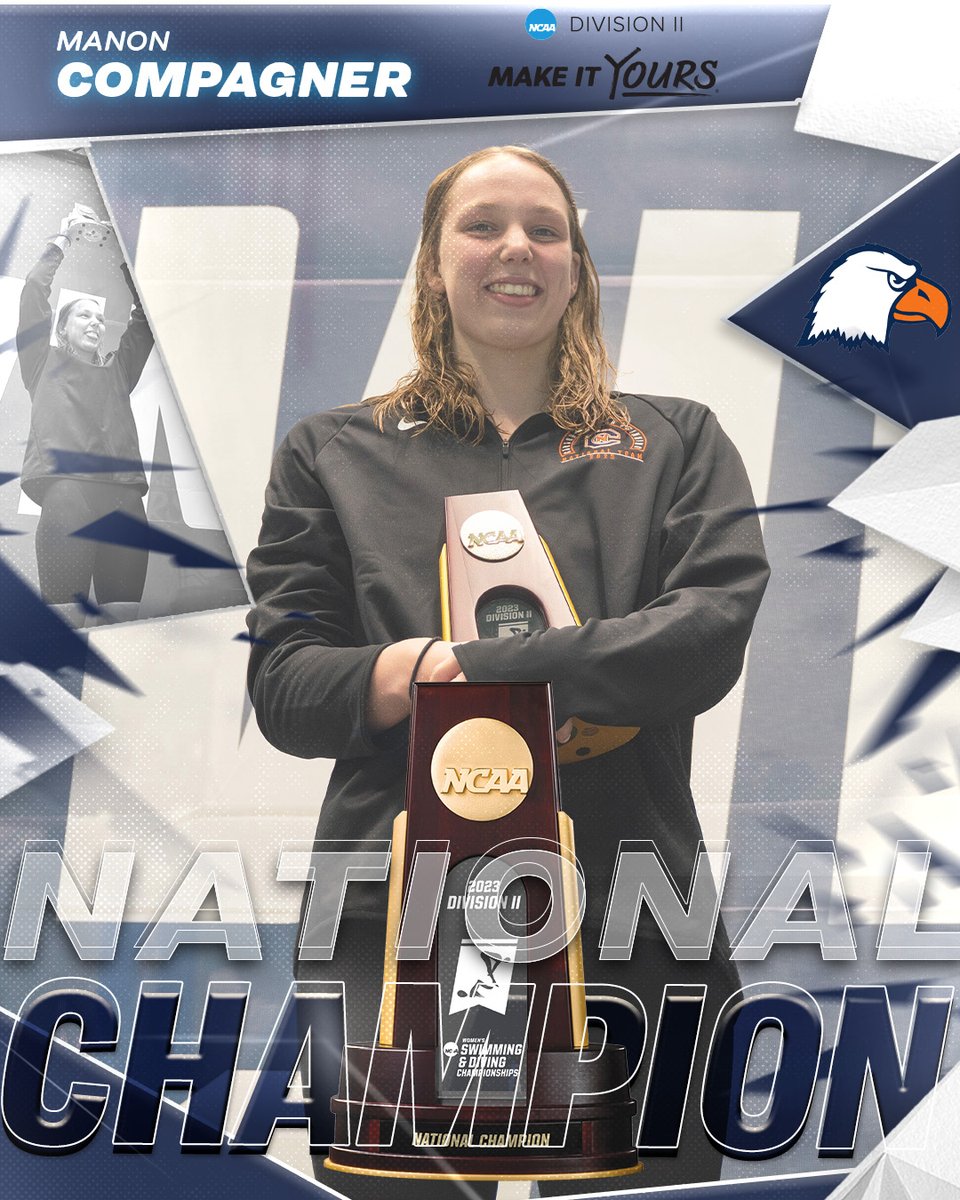 NCAADII's tweet photo. Carson Newman's Manon Compagner is the newest #D2WSD National Champion in the Women's 100 Butterfly with a time of 52.45!

#MakeItYours | #NCAAD2 https://t.co/ecnHOMUZZm