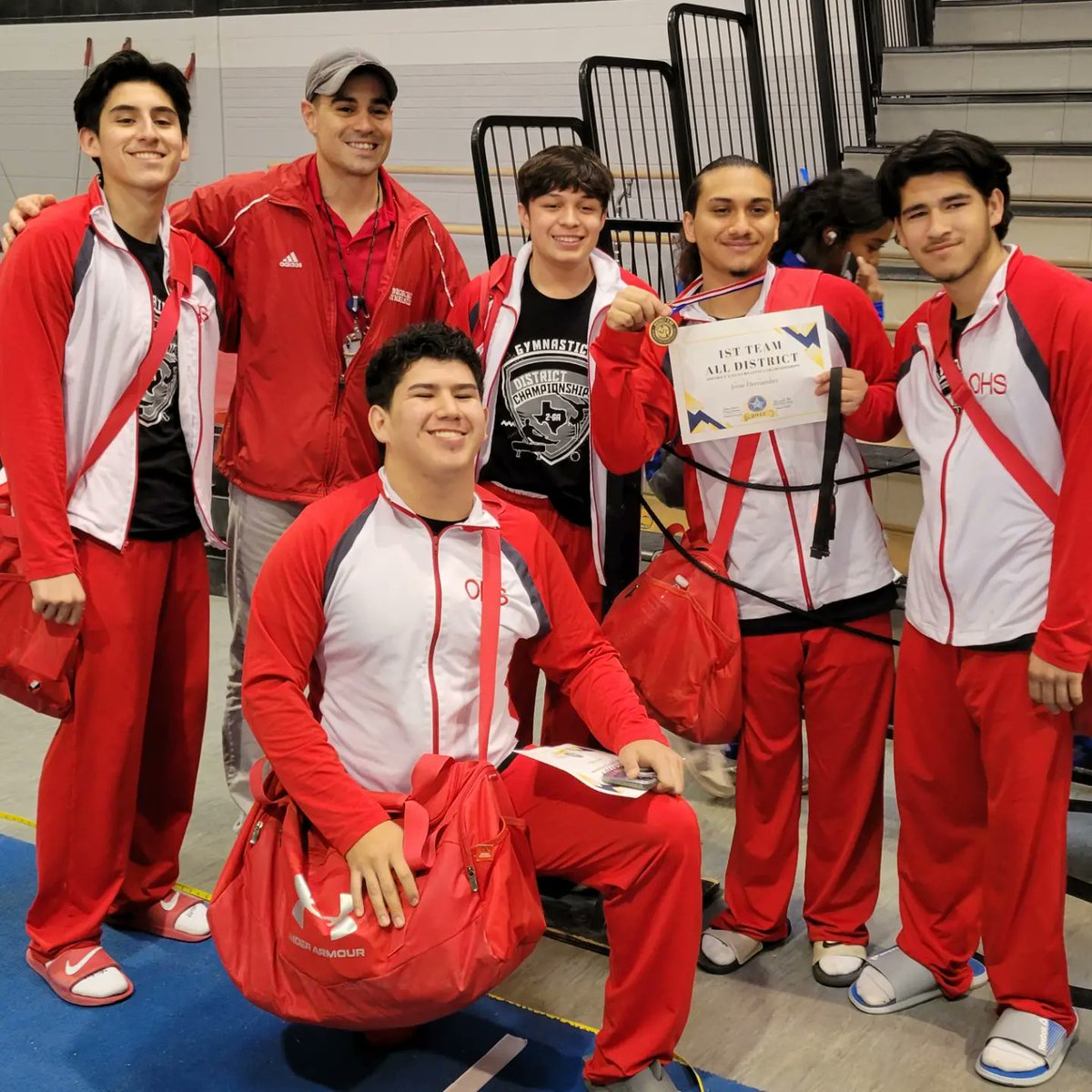 BronchosGym's tweet photo. Super proud of all the hard work our gymnasts did these past 2 days.  Thank you to our cross town rivals @Mojo_Gymnastics for hosting our district championship meets!  #gobigred https://t.co/t6rdNy6f3b