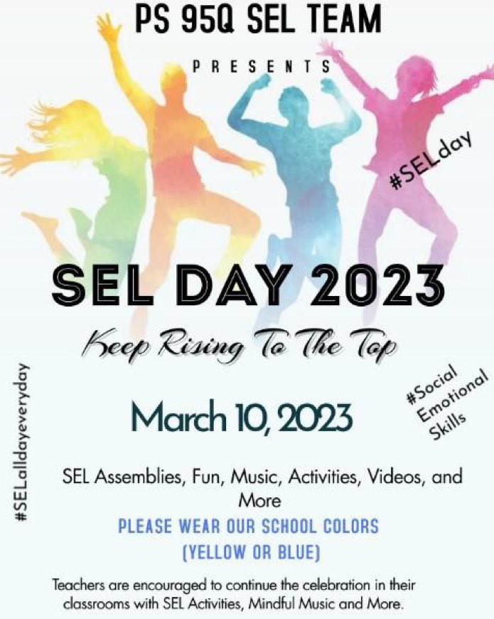 Hello Eastwood Families, We’re excited to celebrate SEL Day tomorrow, March 10th! We look forward to seeing all the students wearing our school colors, yellow and blue. We are ONE TEAM, ONE GOAL, and NO LIMITS! 🦅 @D29Shines @CrystalBonds @NYCSchools @LeroyComrie @DOEChancellor