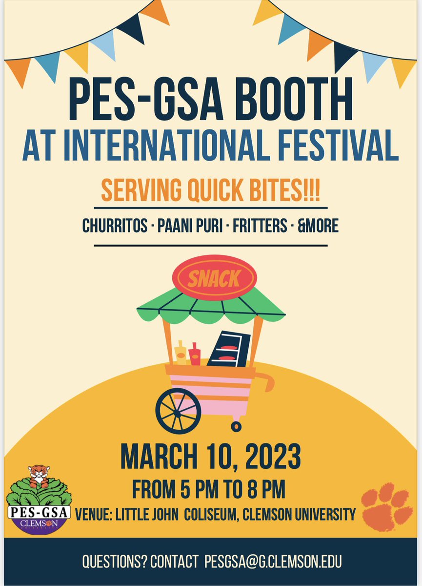 Clemson University PESGSA (@clemsonpesgsa) on Twitter photo We invite you to visit PES-GSA booth at The International festival tomorrow at Little John Coliseum. Purchase some delicious snacks and help us raise funds for our organization. We look forward to seeing you all tomorrow at the event!!
<a href="/ClemsonGSG/">Clemson Graduate Student Government</a> <a href="/CUGantt/">Clemson Gantt Center</a> We invite you to visit PES-GSA booth at The International festival tomorrow at Little John Coliseum. Purchase some delicious snacks and help us raise funds for our organization. We look forward to seeing you all tomorrow at the event!!
<a href="/ClemsonGSG/">Clemson Graduate Student Government</a> <a href="/CUGantt/">Clemson Gantt Center</a>