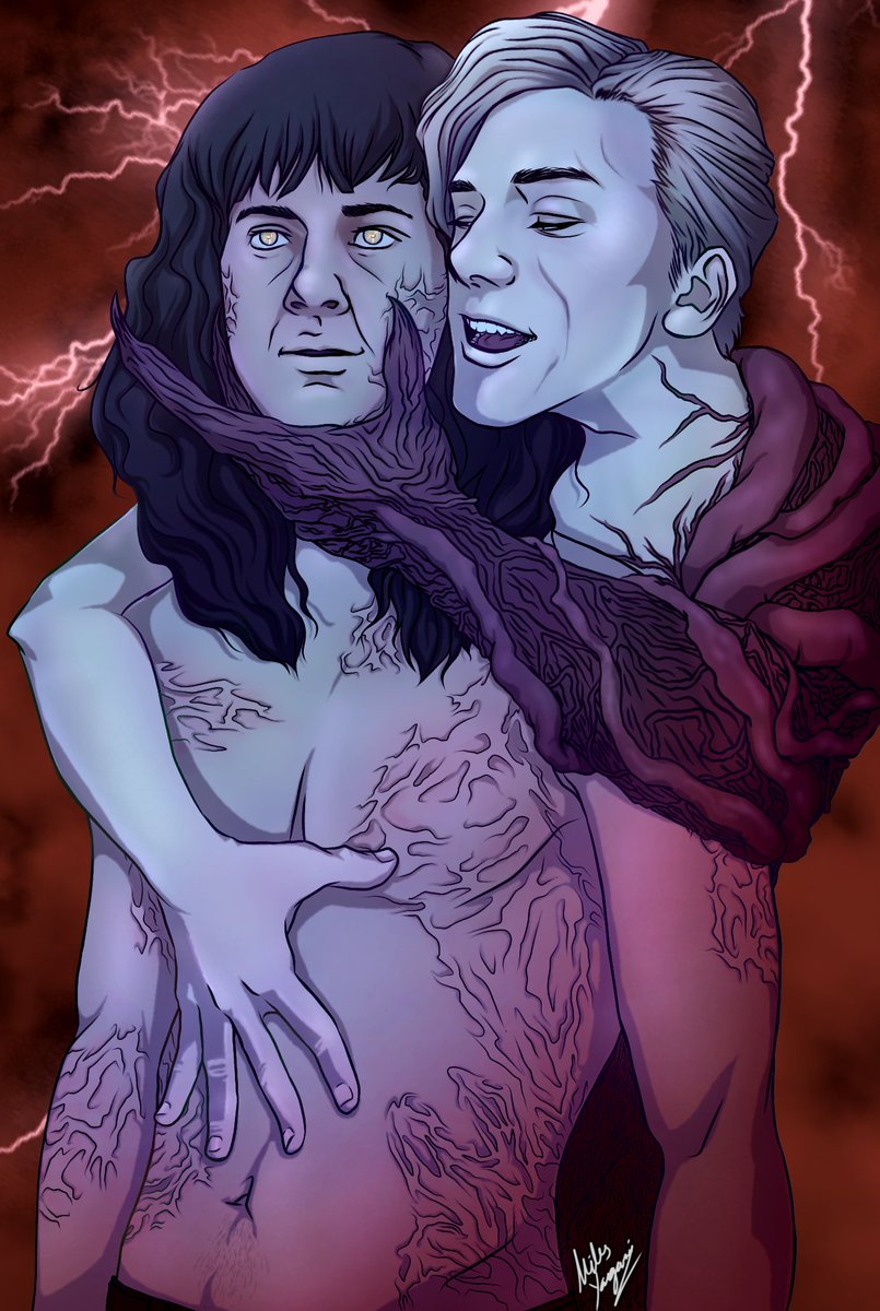 No sign of the morning coming
You've been left on your own
Like a rainbow in the dark~🎶

Everyday I pray this ship gains more popularity.
My Lich King and his loyal Vampire Soldier 
I need more fanart that I didn't have to make. 😭
#EDDIEMUNSON #vecna #StrangerThings #vecneddie