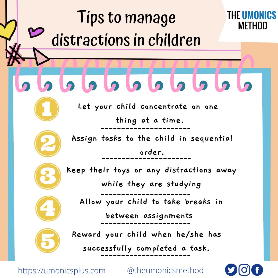 umonics's tweet image. Here are some tips to manage distraction in your child while they are studying offline and online.

Follow us for more learning with The Umonics Method!

#LittleMemoryExperts #LearnWithUmonics