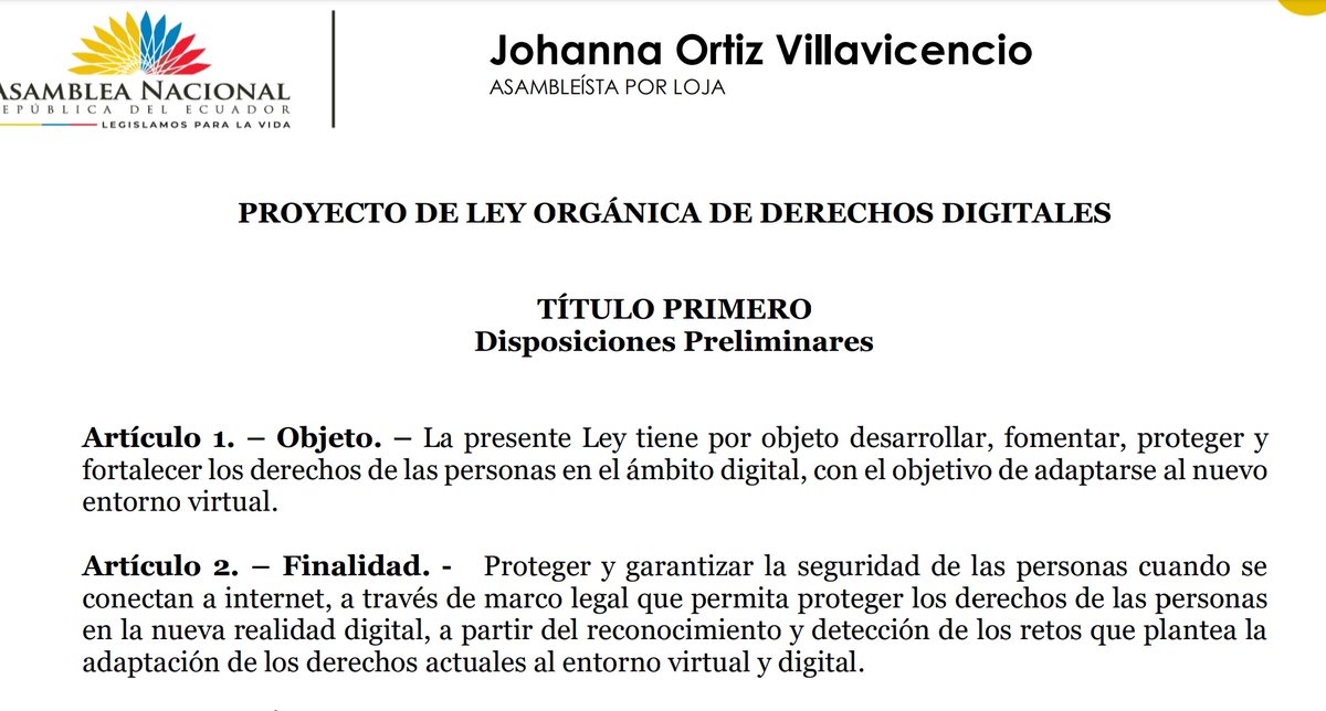 usuariosdigital's tweet photo. #AlertaDigotalEC
Se presenta proyecto de Ley Orgánica de Derechos Digitales por @johaortizv (2023-03-06), establece entre otros: derechos frente a la Inteligencia artificial #AI y al empleo de la neurotecnología https://t.co/Abh3ELevym