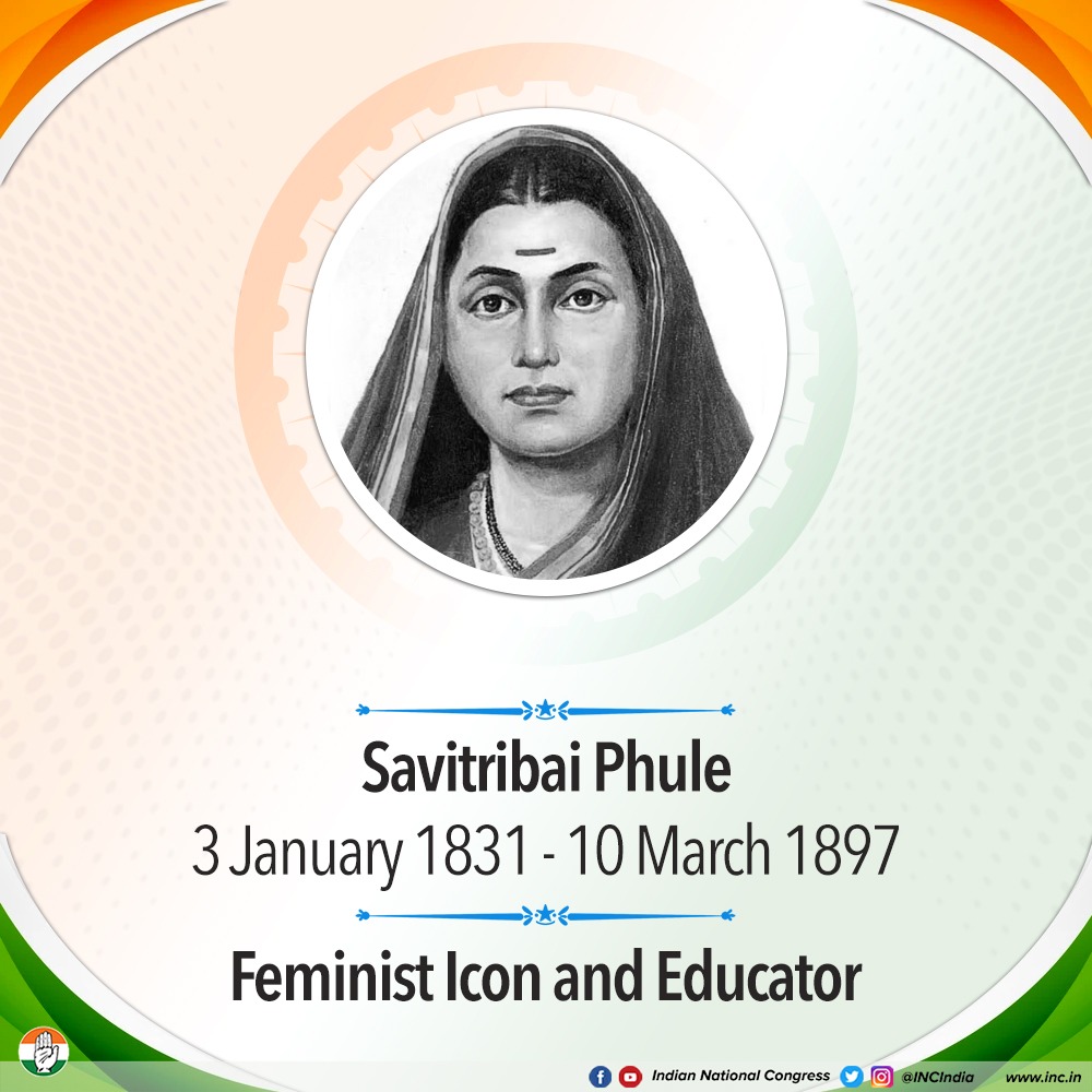 INCIndia's tweet photo. On her death anniversary, we  remember the legacy of Savitribai Phule, who helped pioneer the education of women and backward classes.

As India's first woman teacher she challenged oppressive norms of the society in her quest for equality and justice. https://t.co/nRrVjrWdYu