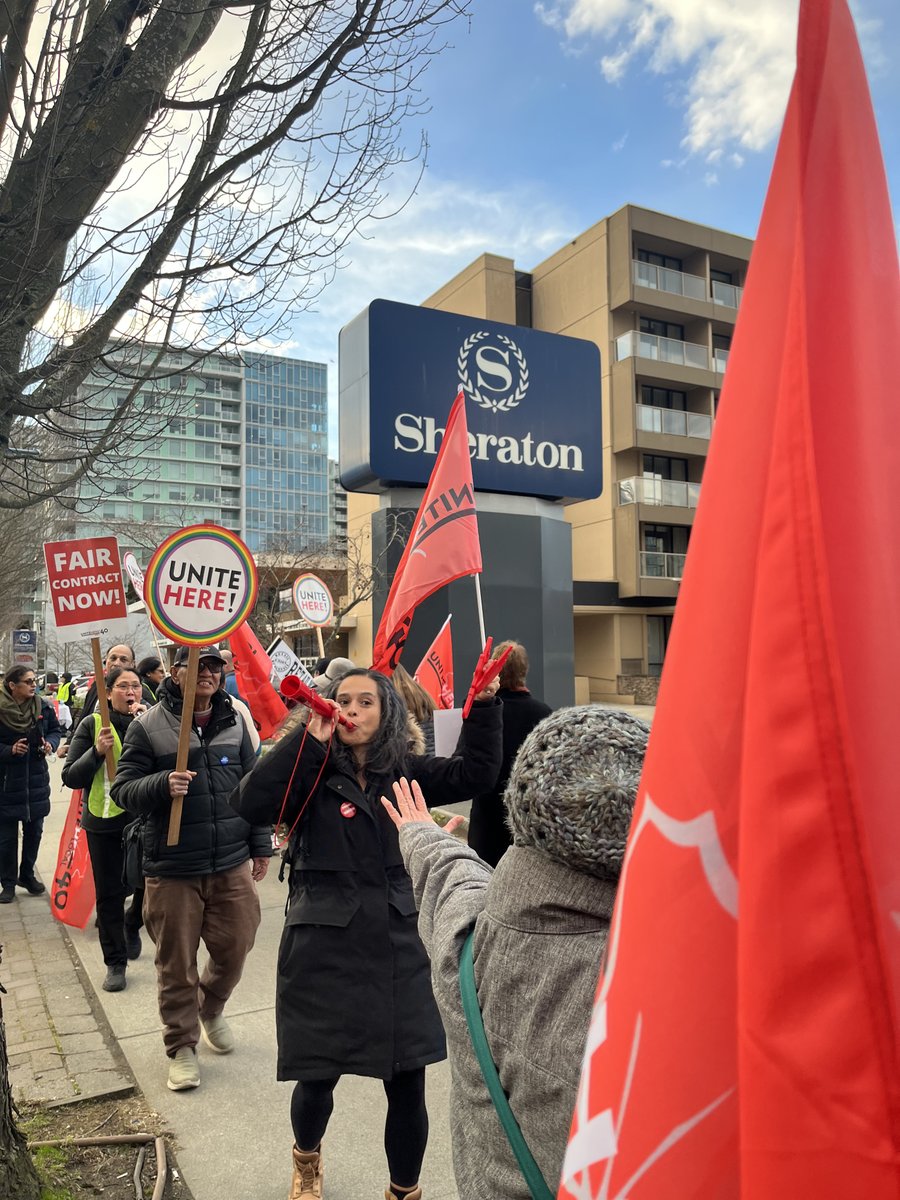 UniteHere40's tweet photo. Local 40 members at Sheraton Vancouver Airport hotel hit the streets yesterday to rally for family-supporting wages and working conditions. It’s past time for a fair contract now! Thanks to our allies who came out to show support @vancouverdlc  @RWU_BC  @HospEmpUnion and others! https://t.co/bjBDT8IrbW