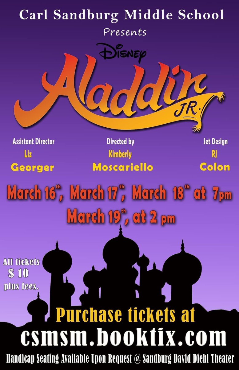 6 days till opening night! Get your tickets to this amazing show🧞‍♂️ #aladdinjr #csms #musical <a href="/AngZiemba/">Angela Ziemba</a> <a href="/kmoscariello22/">Mrs. Moscariello</a>
