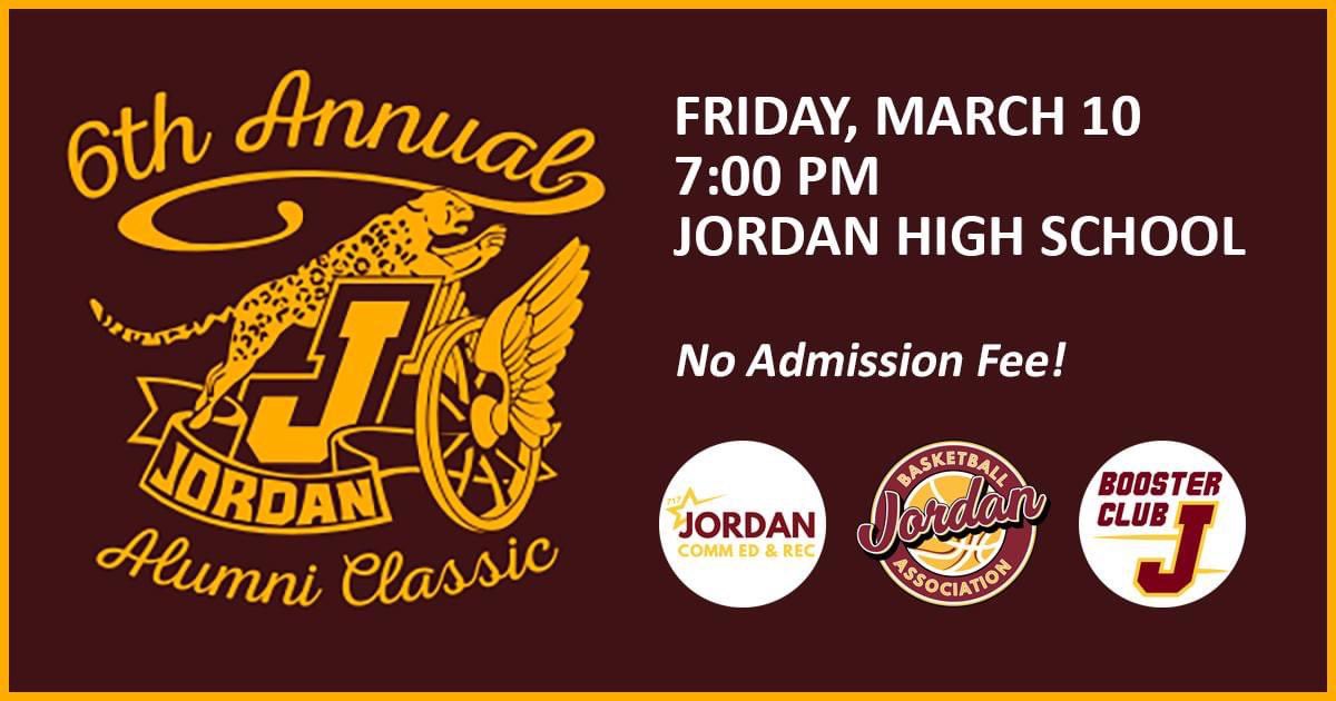JBAHoops1's tweet photo. REMINDER! The 6th Annual Jordan Alumni Classic Basketball Game will take place tomorrow, 3/10 at 7pm at JHS! 🏀 https://t.co/JQwkRmHn4R