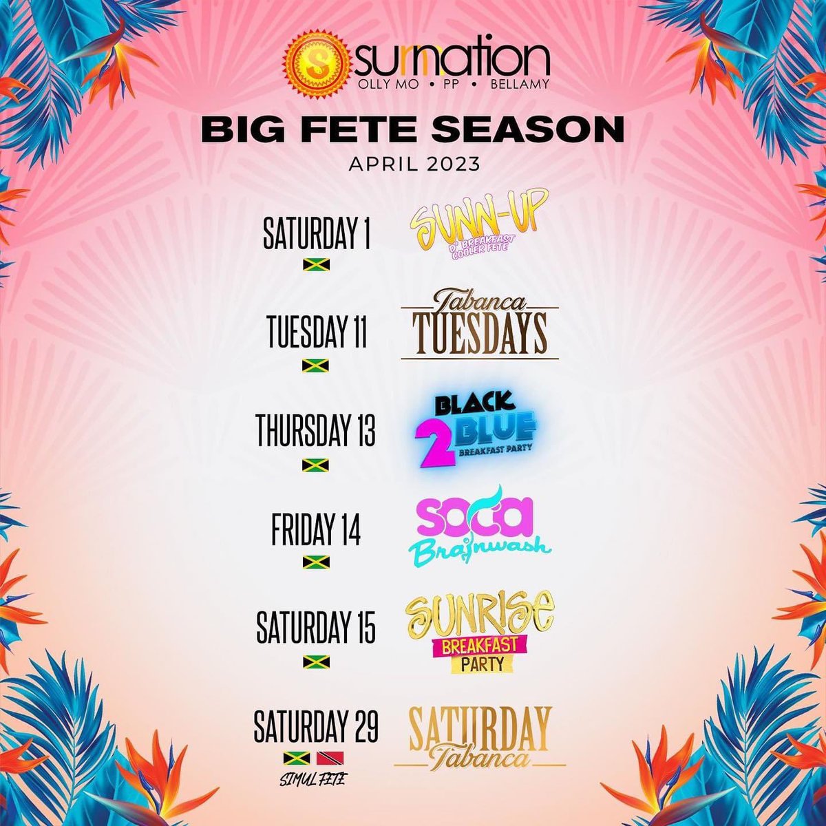 eventlifeja's tweet photo. APRIL 2023 is Sunnation’s BIG FETE SEASON! 😎 🍾

Mark your calendars 🤸🏽‍♀️ 📆 here are the scheduled events: 

#SunnationJamaica #illusionmas #SocaBrainWash #SunUpDBreakfastParty #Black2Blue #TabancaTuesdays https://t.co/dYwv8R8BZl