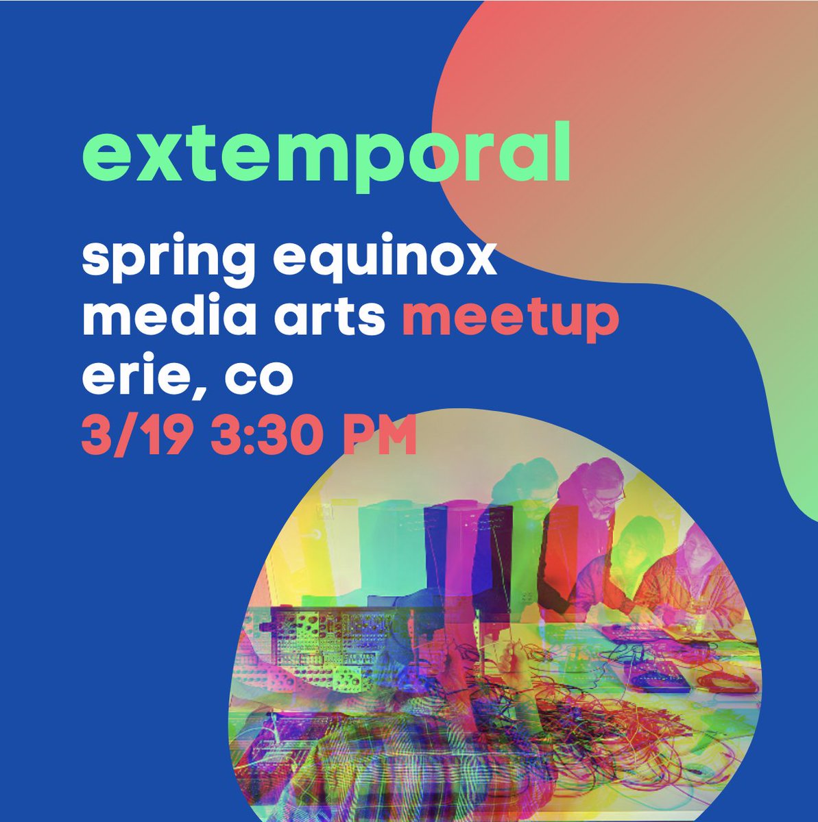 Next meetup is on Mar 19 in Erie/Lafayette. Join us as we celebrate the Spring Equinox with gadgets, instruments, art, and DIY projects. extemporal.net

#boulderart #lafayettecolorado #eriecolorado #denverartists #denverdiy #modularsynth #mediaart #videosynthesis #vjing
