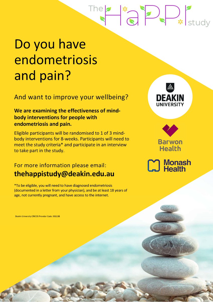 If you have endometriosis, please consider participating in our trial comparing different mind-body interventions. We have a few places left before we wrap up thehappistudy@deakin.edu.au