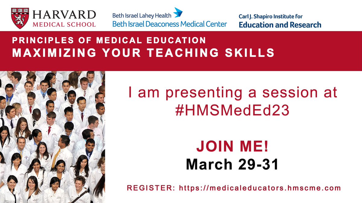 Want to learn the best practices for coaching in medical education? Join me at Principles of Medical Education #hmsmeded23 @harvardmed @BIDMChealth @MGHMedicine @MGH_CfPWB medicaleducators.hmscme.com