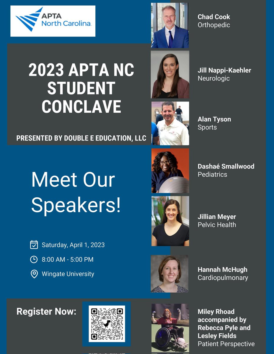APTANCSSIG's tweet image. Here is our updated speaker list for this years APTA North Carolina Student Conclave! There are only 5 more days for early bird registration so head over to aptanc.org to register. So far over 100 students will be joining us there and we hope you can too!