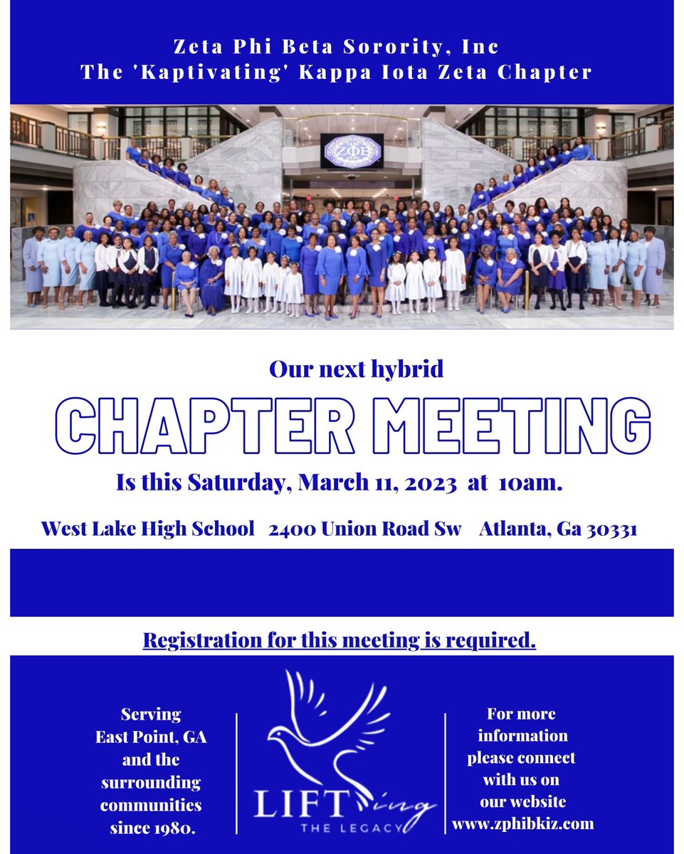 KappaIotaZeta's tweet photo. The ’Kaptivating’ Kappa Iota Zeta Chapter will host our next chapter meeting this Saturday, March 11, 2023.
For more information about upcoming events connect with us on our website at https://t.co/xJE6SUMsqY.
#kappaiotazeta #zphibga #SERegion #secondtonone https://t.co/bRBTDQRLad