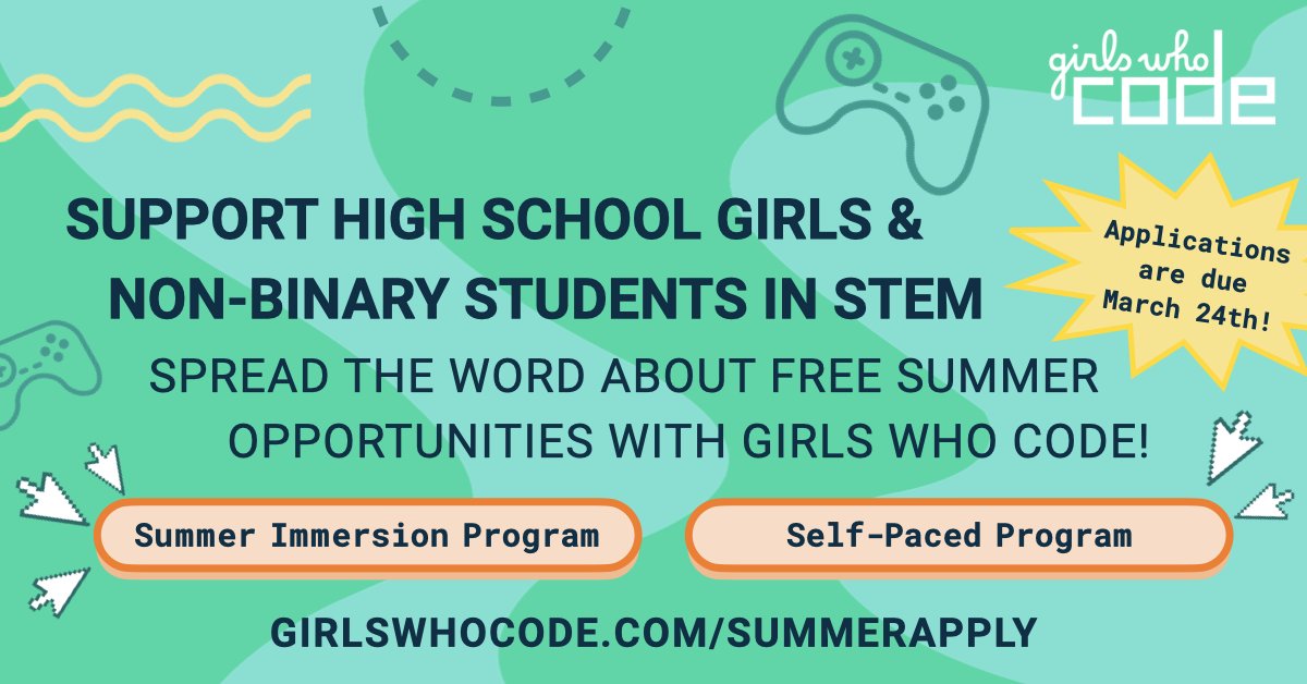 ashleyanntewes's tweet image. Know a hs student ready to build CS skills, find community, and start to create a professional network? Tell them about GWC free Summer Programs! GWC encourages all 9th-12th grade girls and non-binary Ss to apply at lnkd.in/gui68hMy. #computerscience #coding #stemeducation