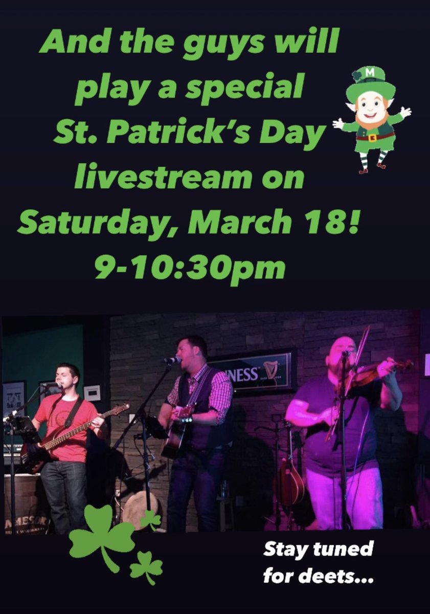 We’re just a week out from our favourite day of the year: ☘️☘️☘️St. Patrick’s Day!! ☘️☘️☘️

Come check out the guys play a few tunes at <a href="/oreillys_pub/">O'Reilly's Pub</a> on Friday, March 17 from 1:30-3 p.m.

And they’ll also play a special livestream on Sat, March 18 from 9-10:30 p.m. (Stay tuned!)