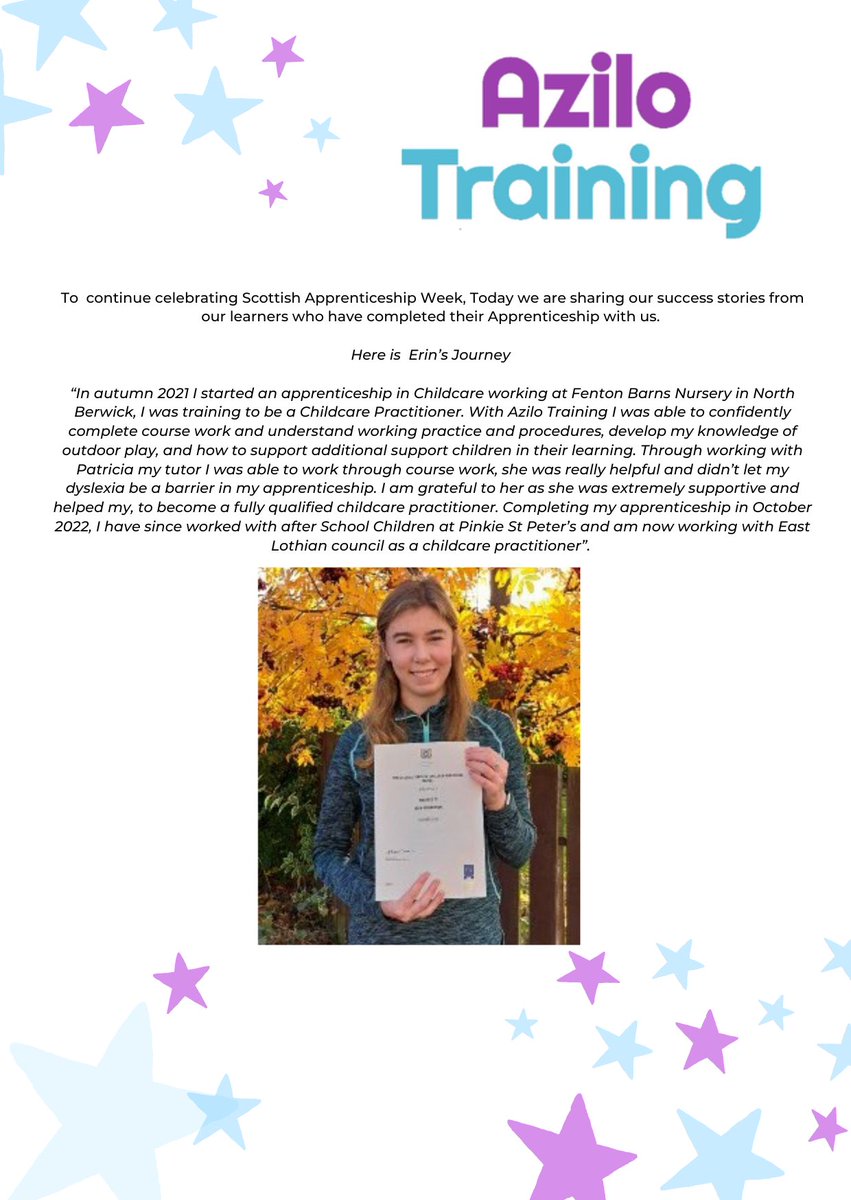 azilotraininguk's tweet photo. In October 2022 Erin completed her childcare apprenticeship with us. Here is Erin’s story. Congratulations Erin and good luck for the future #ScotAppWeek23  #childcare #apprenticeships https://t.co/nqIEFoO00V