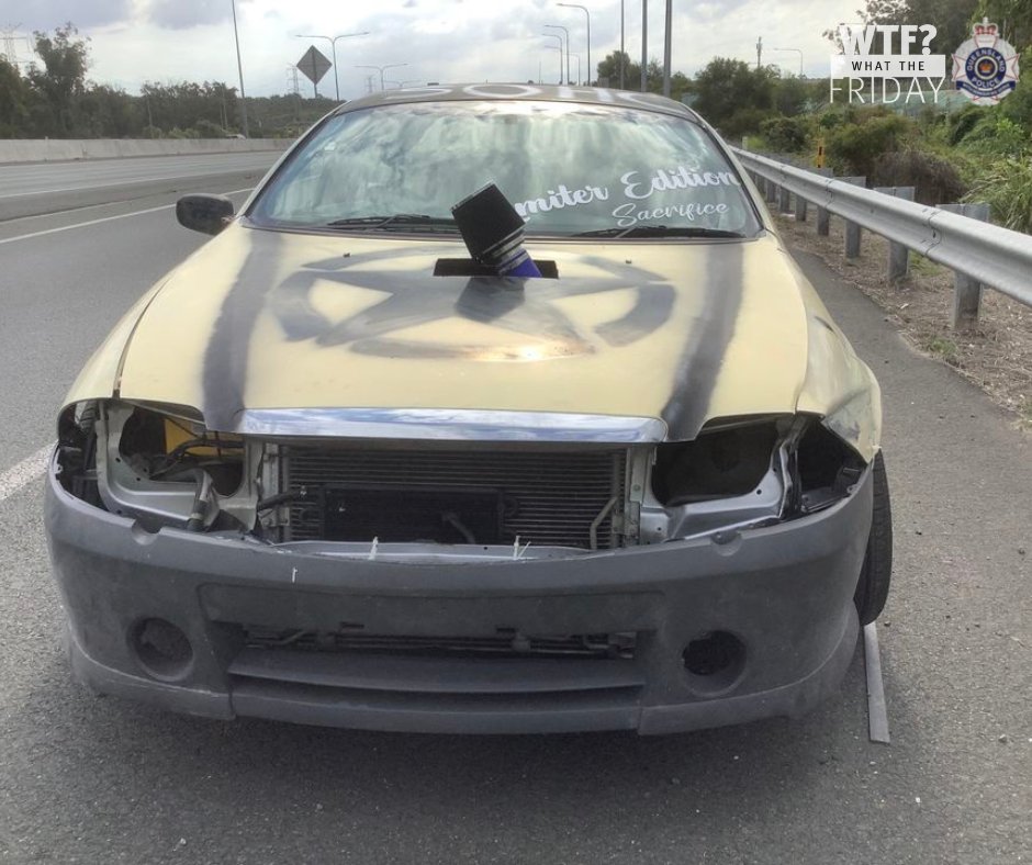 QldPolice's tweet image. The 'Limiter edition' vehicle had no headlights, no indicators and no number plates as well as a front bumper secured with cable ties, was removed from the road by Mount Ommaney Highway Patrol.

Remember, driving a vehicle with defects on road, puts yourself and others at risk.